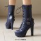 Round Toe Cuban Heels Decorated Straps with Lace Up Back Zipper Low Platforms Boots - Blue Faux Leather