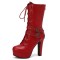 Round Toe Cuban Heels Decorated Straps with Lace Up Back Zipper Low Platforms Boots - Red Faux Leather