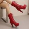 Round Toe Cuban Heels Decorated Straps with Lace Up Back Zipper Low Platforms Boots - Red Faux Leather