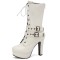 Round Toe Cuban Heels Decorated Straps with Lace Up Back Zipper Low Platforms Boots - White Faux Leather