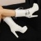 Round Toe Cuban Heels Decorated Straps with Lace Up Back Zipper Low Platforms Boots - White Faux Leather