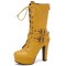 Round Toe Cuban Heels Decorated Straps with Lace Up Back Zipper Low Platforms Boots - Yellow Faux Leather