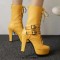 Round Toe Cuban Heels Decorated Straps with Lace Up Back Zipper Low Platforms Boots - Yellow Faux Leather