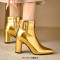 Pointed Toe Square Buckle Side Zipper Ankle Highs Chunky Heels Boots - Gold Faux Leather
