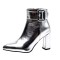Pointed Toe Square Buckle Side Zipper Ankle Highs Chunky Heels Boots - Silver Faux Leather
