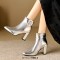 Pointed Toe Square Buckle Side Zipper Ankle Highs Chunky Heels Boots - Silver Faux Leather
