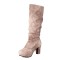 Round Toe Chunky Heels Slip On Knee Highs Low Platforms Boots - Brown Denim