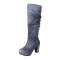 Round Toe Chunky Heels Slip On Knee Highs Low Platforms Boots - Gray Denim