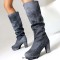 Round Toe Chunky Heels Slip On Knee Highs Low Platforms Boots - Gray Denim
