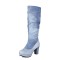 Round Toe Chunky Heels Slip On Knee Highs Low Platforms Boots - SkyBlue Denim