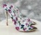 Gold Lipped Summer Pointed Toe Stiletto Slippers - Purple Flowers on White