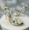 Gold Lipped Summer Pointed Toe Stiletto Slippers - Yellow Flowers on White