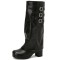 Round Toe Chunky Heels Knee Highs Turned-over Edge Winter Boots - Black Faux Leather