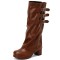 Round Toe Chunky Heels Knee Highs Turned-over Edge Winter Boots - Brown Faux Leather