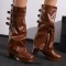 Round Toe Chunky Heels Knee Highs Turned-over Edge Winter Boots - Brown Faux Leather