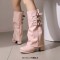 Round Toe Chunky Heels Knee Highs Turned-over Edge Winter Boots - Pink Faux Leather
