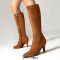Pointed Toe Side Zipper Low Stilettos Knee Highs Autumn Boots - Brown Flock