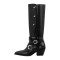 Pointed Toe Black Buckle Block Heel Knee High Motorcycle Biker Gothic Punk Boots - Black Faux Leather