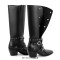 Pointed Toe Black Buckle Block Heel Knee High Motorcycle Biker Gothic Punk Boots - Black Faux Leather