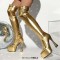 Pointed Toe Curved Block Heels Zipper Over The Knee Thigh High Platforms Boots - Gold Faux Leather