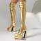 Pointed Toe Block Heels Zipper Over The Knee Thigh High Double Platforms Boots - Gold Faux Leather