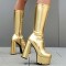 Round Toe Chunky Heels Side Zipper Knee Highs Platforms Boots - Gold Faux Leather