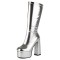 Round Toe Chunky Heels Side Zipper Knee Highs Platforms Boots - Silver Faux Leather