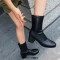 Round Toe Chunky Heels Pull On Ankle Highs Boots - Black Faux Leather