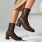 Round Toe Chunky Heels Pull On Ankle Highs Boots - Brown Faux Leather