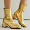 Round Toe Chunky Heels Pull On Ankle Highs Boots - Gold Faux Leather