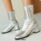 Round Toe Chunky Heels Pull On Ankle Highs Boots - Silver Faux Leather