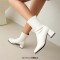 Round Toe Chunky Heels Pull On Ankle Highs Boots - White Faux Leather