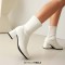 Round Toe Chunky Heels Pull On Ankle Highs Boots - White Faux Leather