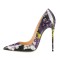 Pointed Toe Stiletto Heels Purple Orchid Print Pumps - Black Patent