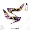 Pointed Toe Stiletto Heels Purple Orchid Print Pumps - Black Patent