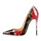 Pointed Toe Stiletto Heels Red Rose Print Pumps - Black Patent