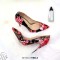 Pointed Toe Stiletto Heels Red Rose Print Pumps - Black Patent
