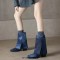 Pointed Toe Flip Up Western Styile Plush Lining Knee High Chunky Heels Boots - Blue Denim