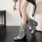 Pointed Toe Flip Up Western Styile Plush Lining Knee High Chunky Heels Boots - Gray Denim