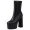 Round Toe Chunky Heels Platforms Pull On Ankle Highs Boots - Black Faux Leather