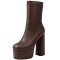 Round Toe Chunky Heels Platforms Pull On Ankle Highs Boots - Brown Faux Leather