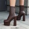 Round Toe Chunky Heels Platforms Pull On Ankle Highs Boots - Brown Faux Leather