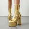 Round Toe Chunky Heels Platforms Pull On Ankle Highs Boots - Gold Faux Leather