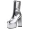 Round Toe Chunky Heels Platforms Pull On Ankle Highs Boots - Silver Faux Leather