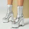 Round Toe Chunky Heels Platforms Pull On Ankle Highs Boots - Silver Faux Leather