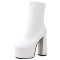 Round Toe Chunky Heels Platforms Pull On Ankle Highs Boots - White Faux Leather