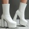 Round Toe Chunky Heels Platforms Pull On Ankle Highs Boots - White Faux Leather