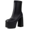 Round Toe Chunky Heels Platforms Pull On Ankle Highs Boots - Black Faux Leather