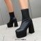 Round Toe Chunky Heels Platforms Pull On Ankle Highs Boots - Black Faux Leather