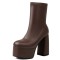 Round Toe Chunky Heels Platforms Pull On Ankle Highs Boots - Brown Faux Leather